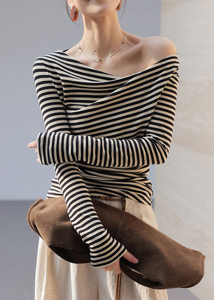 Women Black Cold Shoulder Striped Cotton Shirt Tops Fall