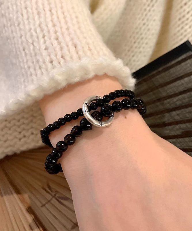 Women Black Copper Obsidian Beading Double-Layer Charm Bracelet