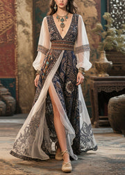 Women Black Deep-V Neck Print Chiffon Maxi Dresses Summer