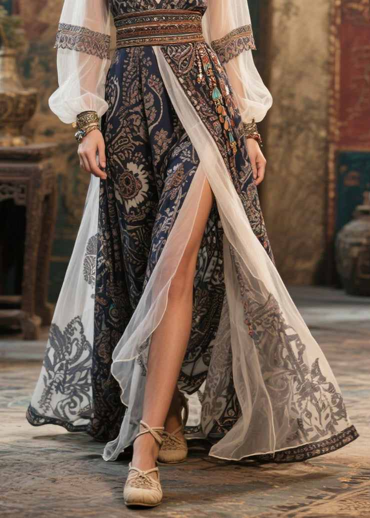 Women Black Deep-V Neck Print Chiffon Maxi Dresses Summer