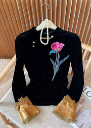Women Black Embroidered Floral Silk Velour Blouses Flare Sleeve