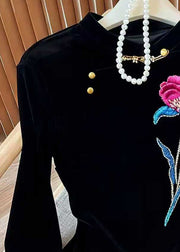 Women Black Embroidered Floral Silk Velour Blouses Flare Sleeve