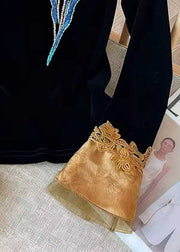 Women Black Embroidered Floral Silk Velour Blouses Flare Sleeve