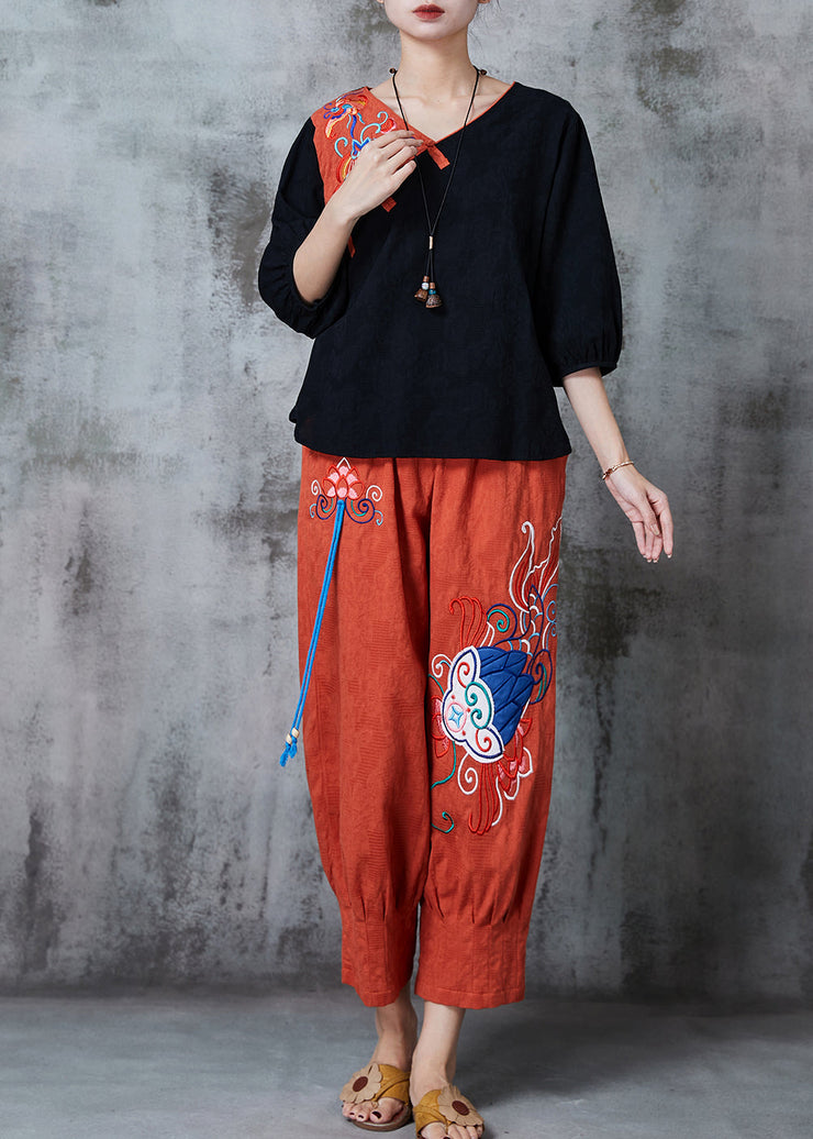 Women Black Embroidered Patchwork Linen Two Pieces Set Summer