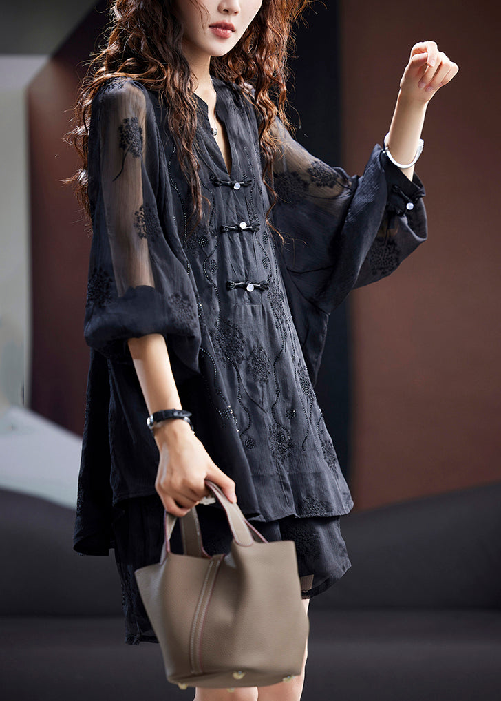 Women Black Embroidered Tops And Shorts Chiffon tops Summer