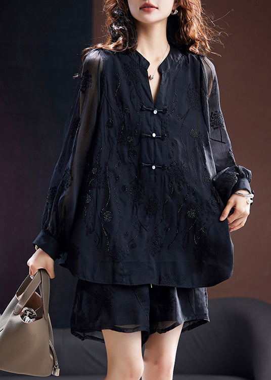 Women Black Embroidered Tops And Shorts Chiffon tops Summer