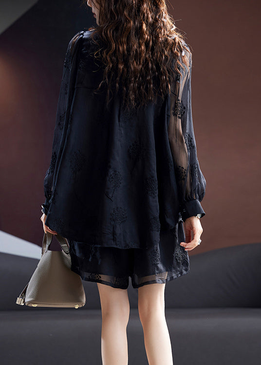 Women Black Embroidered Tops And Shorts Chiffon tops Summer
