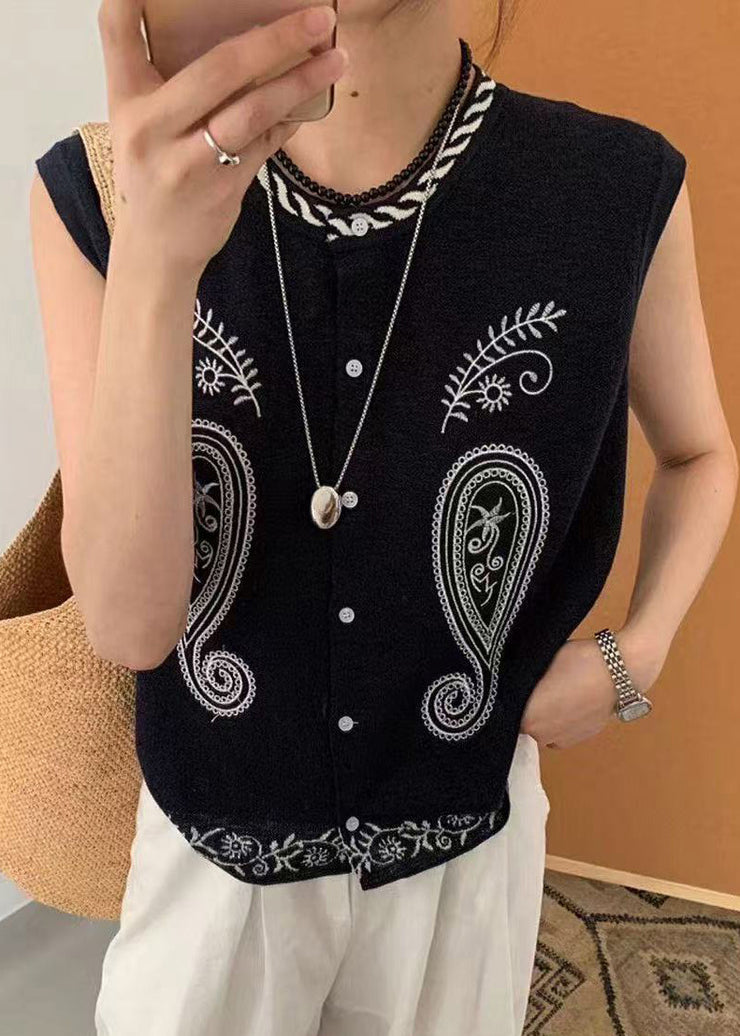 Women Black Embroideried Knit Vest Tops Sleeveless