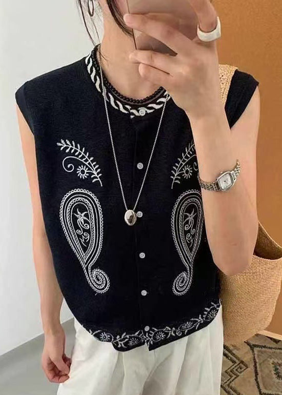Women Black Embroideried Knit Vest Tops Sleeveless