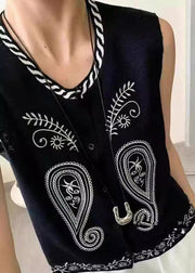Women Black Embroideried Knit Vest Tops Sleeveless