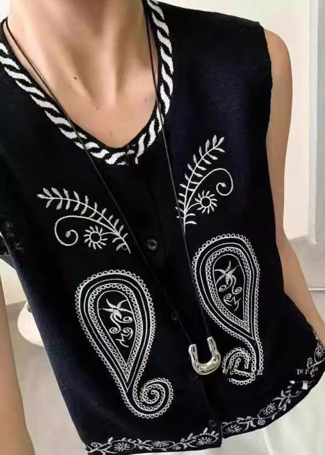Women Black Embroideried Knit Vest Tops Sleeveless
