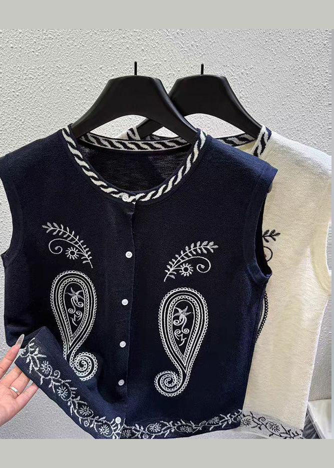Women Black Embroideried Knit Vest Tops Sleeveless