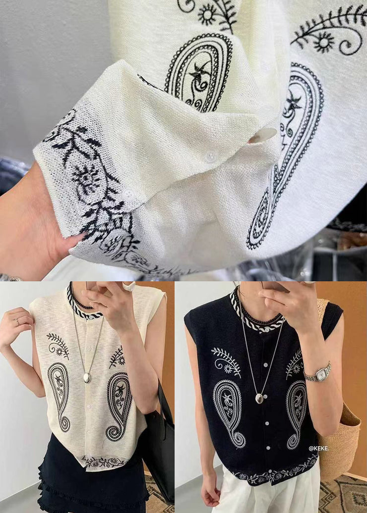 Women Black Embroideried Knit Vest Tops Sleeveless