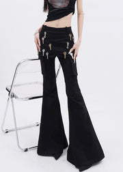 Women Black False Two Pieces Patchwork Denim Flared Trousers Fall