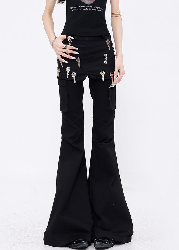 Women Black False Two Pieces Patchwork Denim Flared Trousers Fall