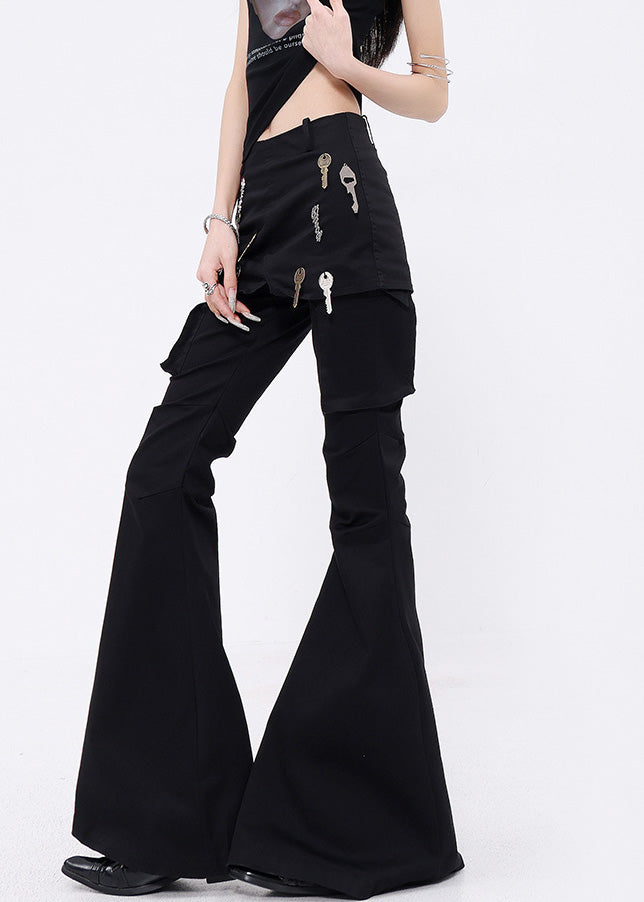 Women Black False Two Pieces Patchwork Denim Flared Trousers Fall