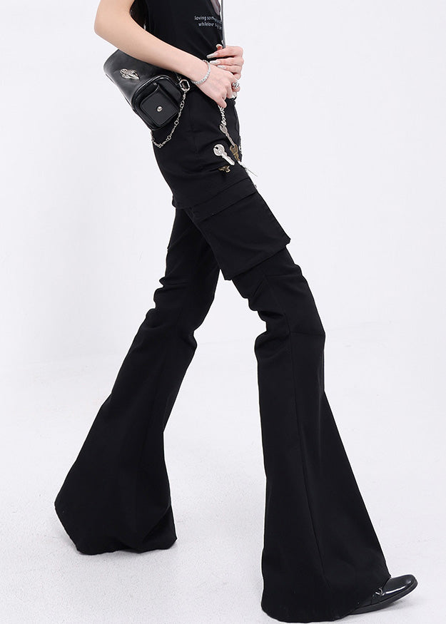 Women Black False Two Pieces Patchwork Denim Flared Trousers Fall