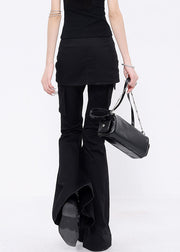 Women Black False Two Pieces Patchwork Denim Flared Trousers Fall
