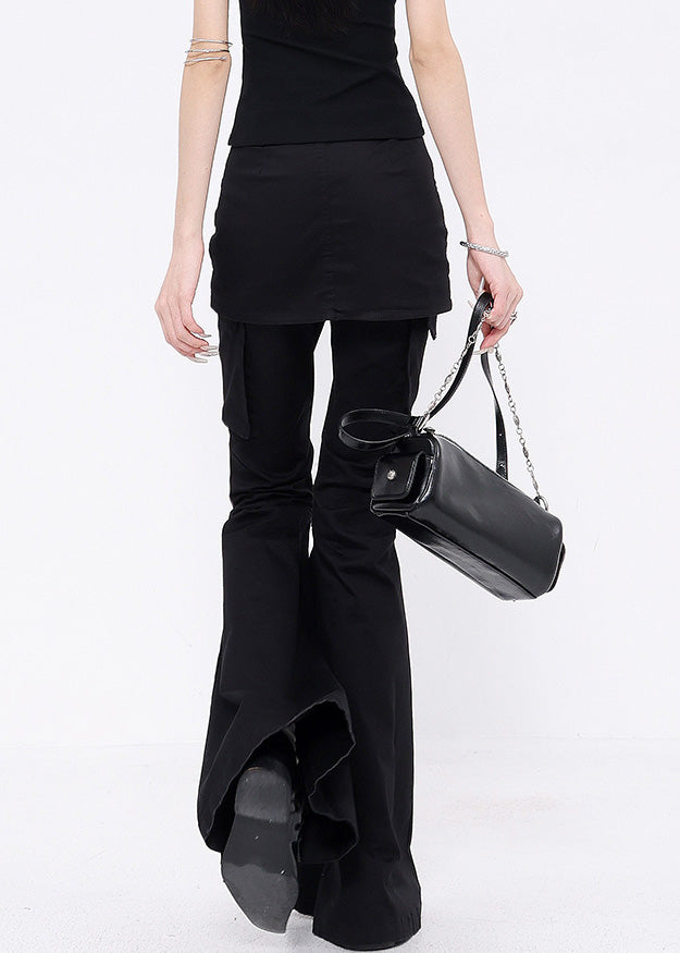Women Black False Two Pieces Patchwork Denim Flared Trousers Fall