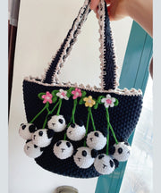 Women Black Handmade Knit Floral Tote Handbag