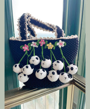 Women Black Handmade Knit Floral Tote Handbag