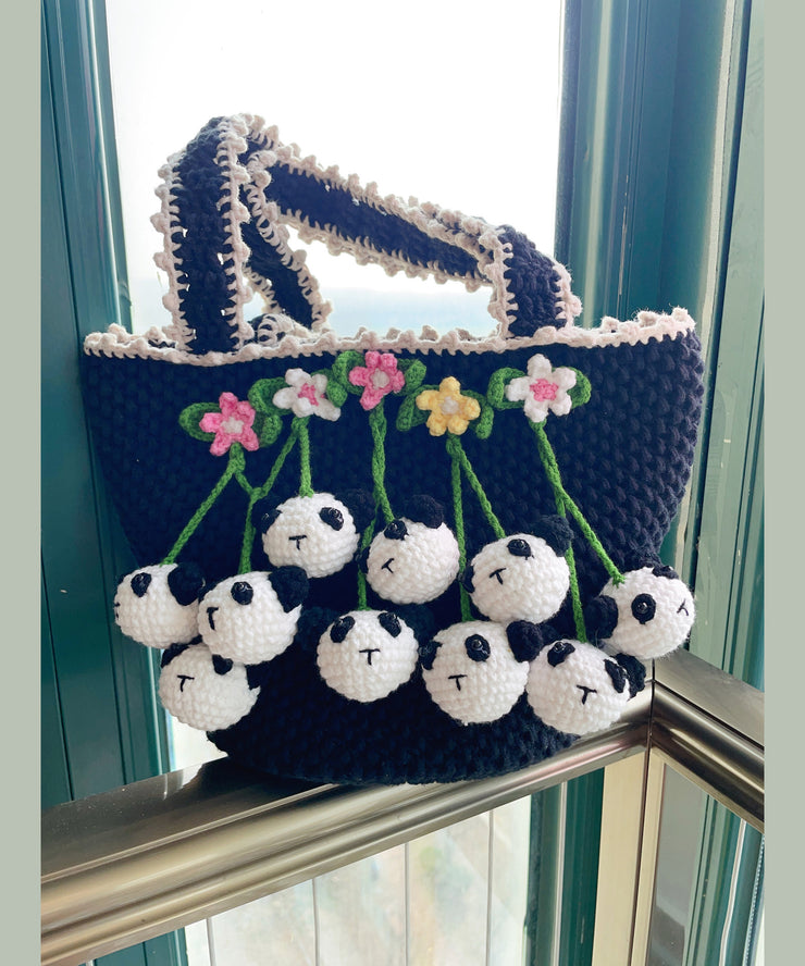Women Black Handmade Knit Floral Tote Handbag