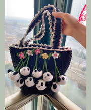 Women Black Handmade Knit Floral Tote Handbag