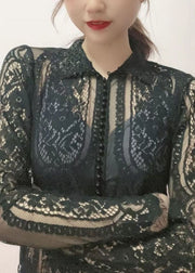 Women Black Hign Neck Bead Button Cotton Lace Top Fall