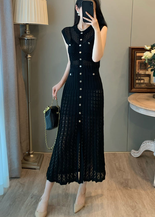 Women Black Hollow Out Single Breasted Buttons Knit Long Dress Sleeveless