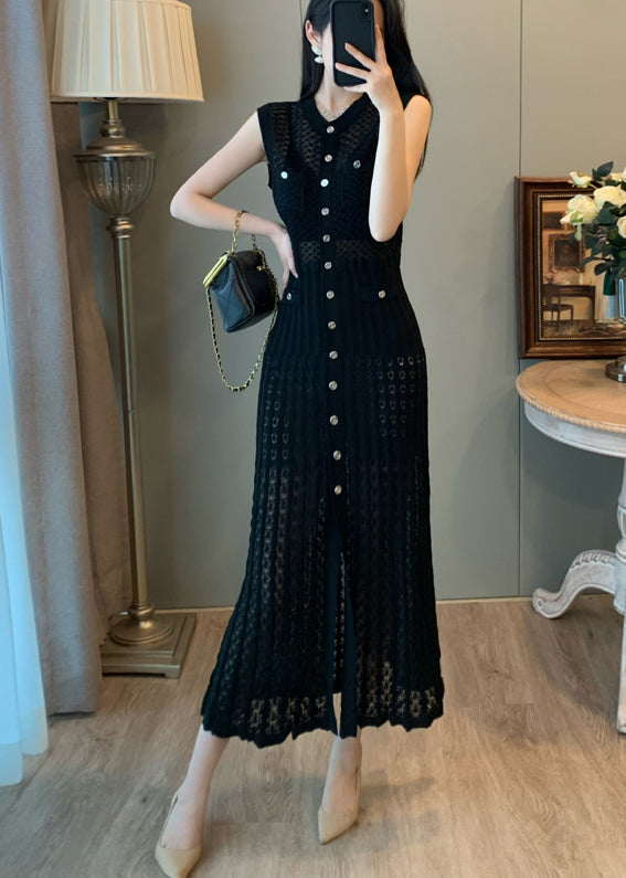 Women Black Hollow Out Single Breasted Buttons Knit Long Dress Sleeveless