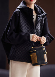Women Black Hooded Button Cotton Filled Coats Long Sleeve