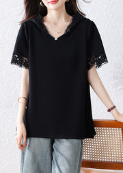 Women Black Hooded Patchwork Lace Tank Summer
