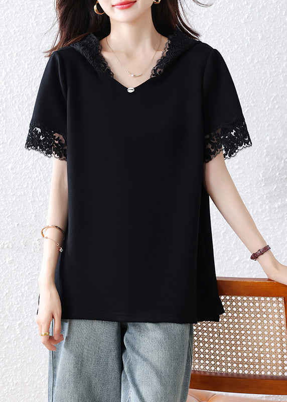 Women Black Hooded Patchwork Lace Tank Summer
