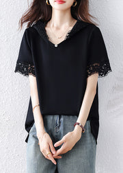 Women Black Hooded Patchwork Lace Tank Summer