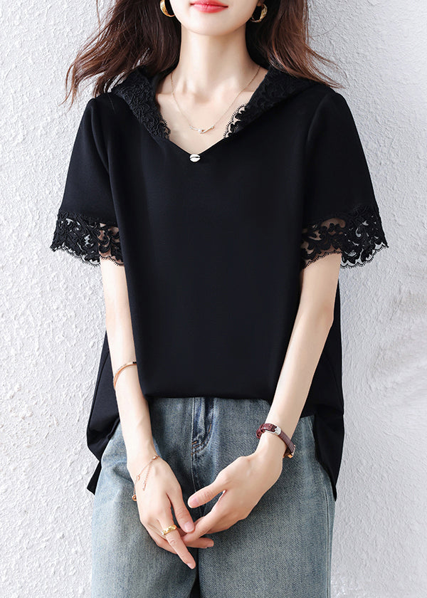 Women Black Hooded Patchwork Lace Tank Summer
