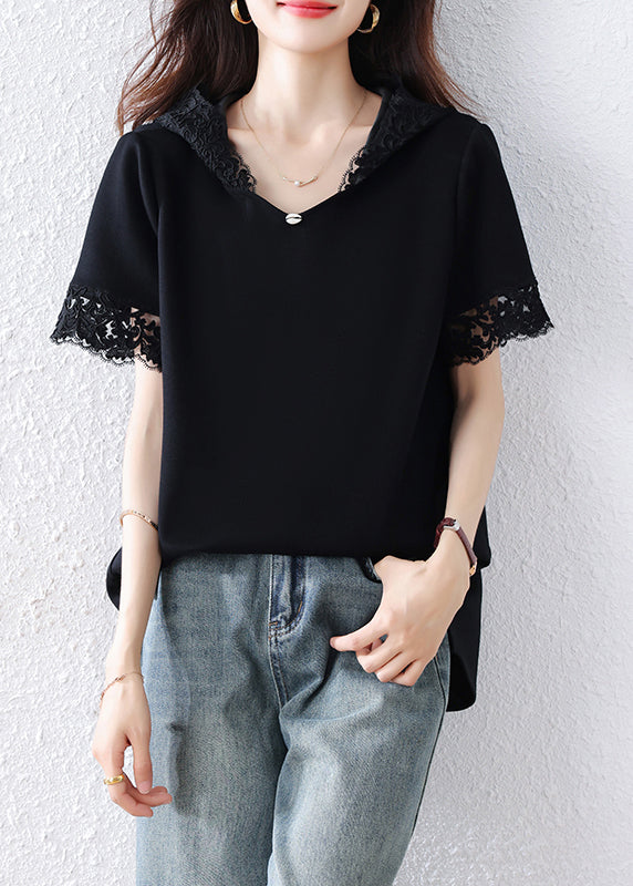 Women Black Hooded Patchwork Lace Tank Summer