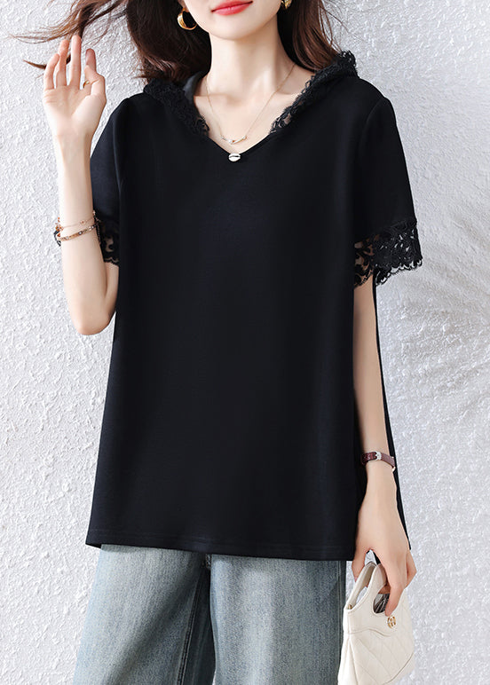 Women Black Hooded Patchwork Lace Tank Summer