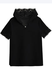 Women Black Hooded Patchwork Lace Tank Summer