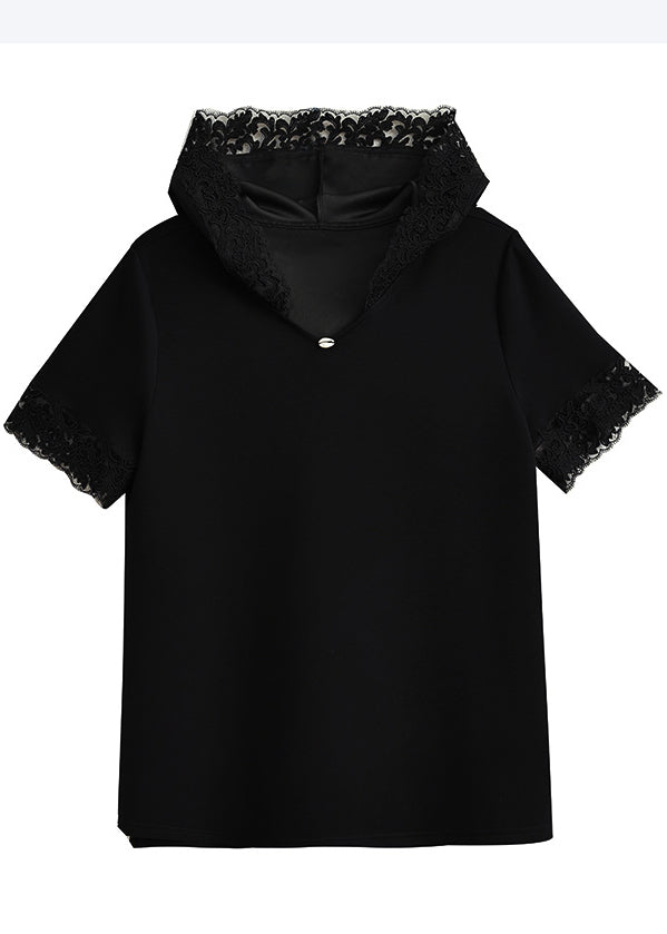 Women Black Hooded Patchwork Lace Tank Summer