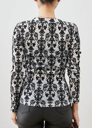 Women Black Jacquard Silm Fit Cotton Blouses Spring