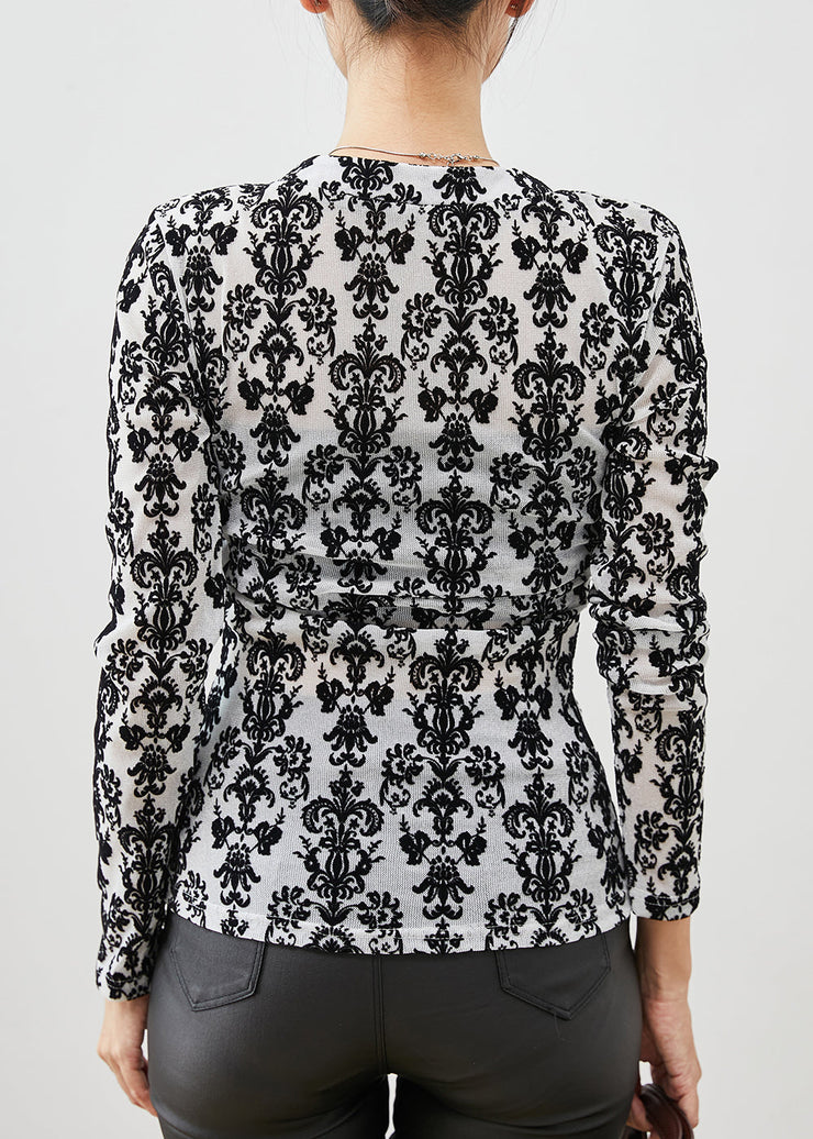 Women Black Jacquard Silm Fit Cotton Blouses Spring