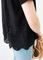 Women Black O-Neck Hollow Out Cotton T Shirt Short Sleeve