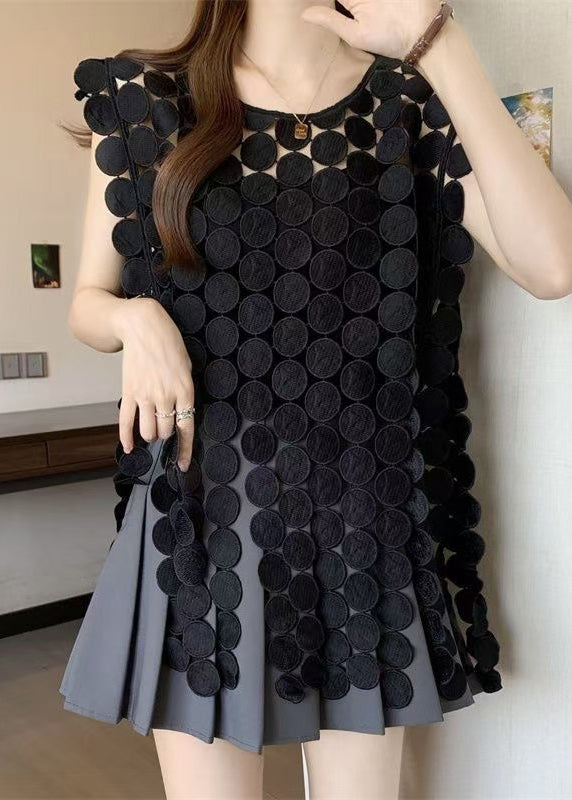 Women Black O Neck Hollow Out Solid Top Sleeveless