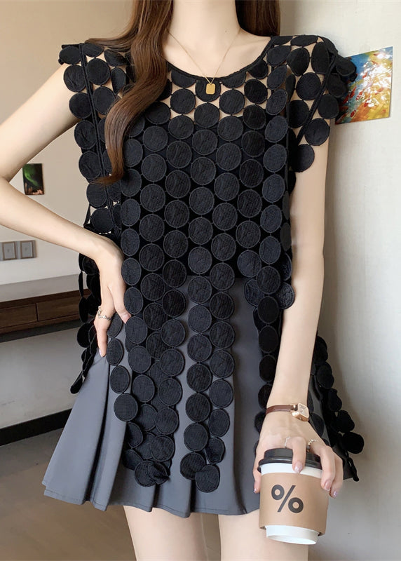 Women Black O Neck Hollow Out Solid Top Sleeveless