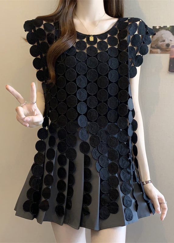 Women Black O Neck Hollow Out Solid Top Sleeveless
