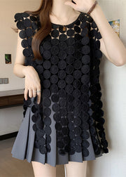 Women Black O Neck Hollow Out Solid Top Sleeveless