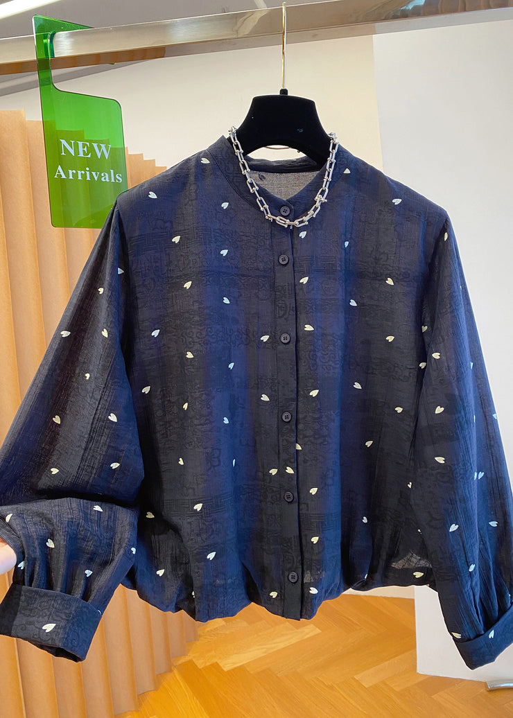 Women Black O Neck Jacquard Button Cotton Blouses Fall
