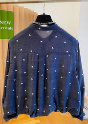 Women Black O Neck Jacquard Button Cotton Blouses Fall