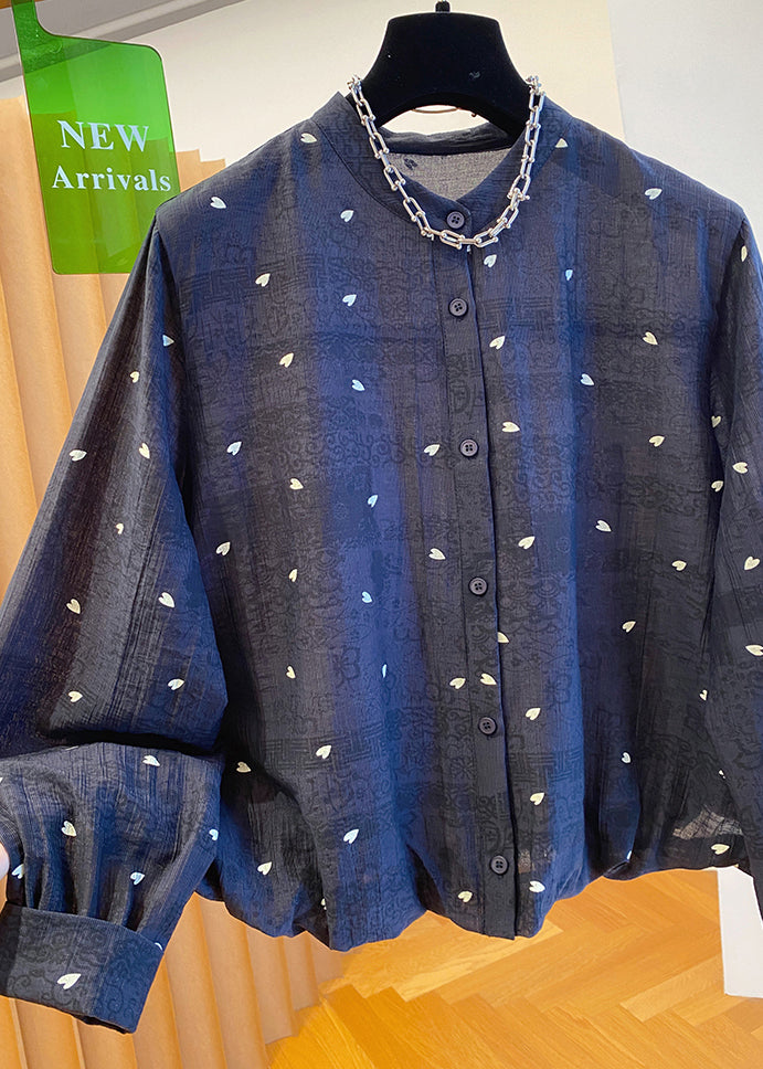 Women Black O Neck Jacquard Button Cotton Blouses Fall