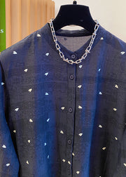 Women Black O Neck Jacquard Button Cotton Blouses Fall